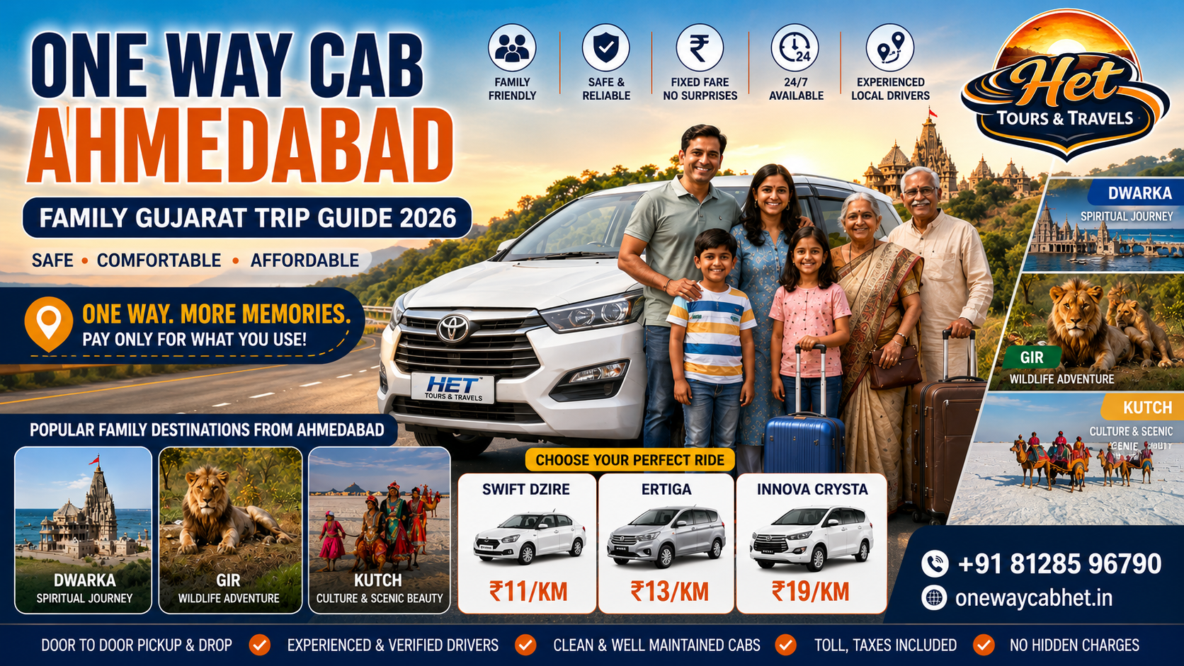 Family one way cab Ahmedabad Gujarat outstation taxi service Dwarka Gir Kutch Het Tours Travels